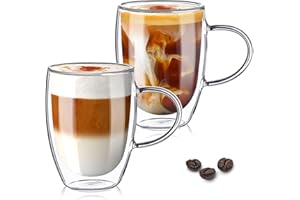 TKNO Double Walled Glass Coffee Mug Cups 350ml with Handle, Set of 2 Hollow Vacuum Sealed Cappuccino Latte Macchiato Glasses, Hand Made, Heat Resistant, Microwave Safe, 350ml Cup