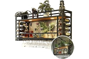‎AMHRICHO Deckenregal Hängend Weinregal, Große Kapazität Weinregal Hängender, Kann Hängend Oder An Der Wand Montiert, Einfache Art Mit Licht Weinregal Für Bar, Restaurant, Indoor (Black, 120 * 30 * 55+40cm)