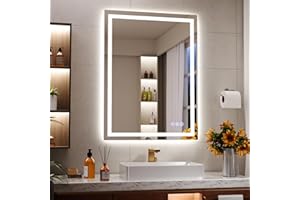 Koonmi 80x60cm LED Bathroom Mirror, 3 Adjustable Lighting Modes Lighted Smart Vanity Mirror with Front and Backlight, Anti-Fog, Memory Function, Tempered Glass, Mounted Horizontally Vertically
