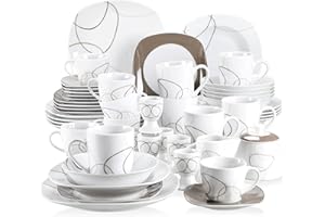 VEWEET NIKITA Vajillas Elegantes 50 Piezas de Porcelana para 6 Personas con Platos Llanos, Hondos y de Postre, Mugs, Cuencos, Tazas, Platillos, Hueveras, Tazón de Azúcar y Leche, Líneas Marrónes