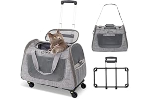 PETCUTE Transportín Plegable para Mascotas,Transportín Perro Pequeño con Ruedas, Transportín para Gatos con Colchón Suave y Hebilla de Seguridad,Viajar en Tren/Automóvil/Restaurante/Avión,Gris claro