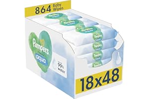 Pampers Harmonie Aqua Baby Wipes Plastic Free 18 Packs of 48 Wipes, 864 Baby Wet Wipes, Help Restore Natural Skin pH, Delicate Lotion with 99 Percent Water