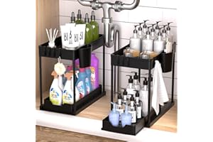 YOCOLE 2 Pezzi Organizzatore Sotto il Lavandino 2 Livelli, Scorrevole Scaffale Sottolavello Portaoggetti con 4 Ganci e 1 Bacinelle Sospese, Estraibile Cassetti Organizer per Cucina Bagno, Nero