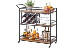 FATORRI Bar Cart for The Home with Wine Rack and Glasses Holder, Industrial Liquor Serving Carts on Wheels, Rustic Wood and Metal Coffee Cart and Drink Trolley for Dining Room and Kitchen (Rustic Oak)