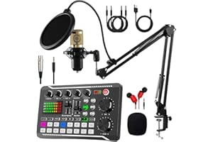 BEKASA Audio Interface Podcast Equipment Bundle, F998 Sound Card and BM800 Microphone Kit, DJ Mixer Audio Streaming Podcast Microphone Studio Condenser Mic Kit Lighted Voice Changer for Singing, PC, Phone