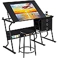 Yaheetech Drawing Table with Tiltable Tabletop for Artist, Height Adjustable Drafting Table Writing Desk with Drawers & Extra Storage Shelf, Art Desk w/Tools Painting Table for Reading/Writing, Black