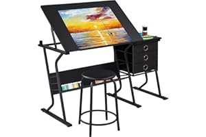 Yaheetech Set Tavolo da Disegno Inclinabile con Sgabello con 3 Cassetti Vassoio Toggle Scrivania per Disegnatore Architetto Pittore Ingegnere Nero