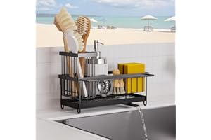 VILCEN Soporte Esponja Fregadero, Soporte Estropajo Fregadero de Cocina, Organizador de Fregadero con Bandeja de Goteo Extraíble y Toallero para Encimera, Organizador de Lavado (Negro)