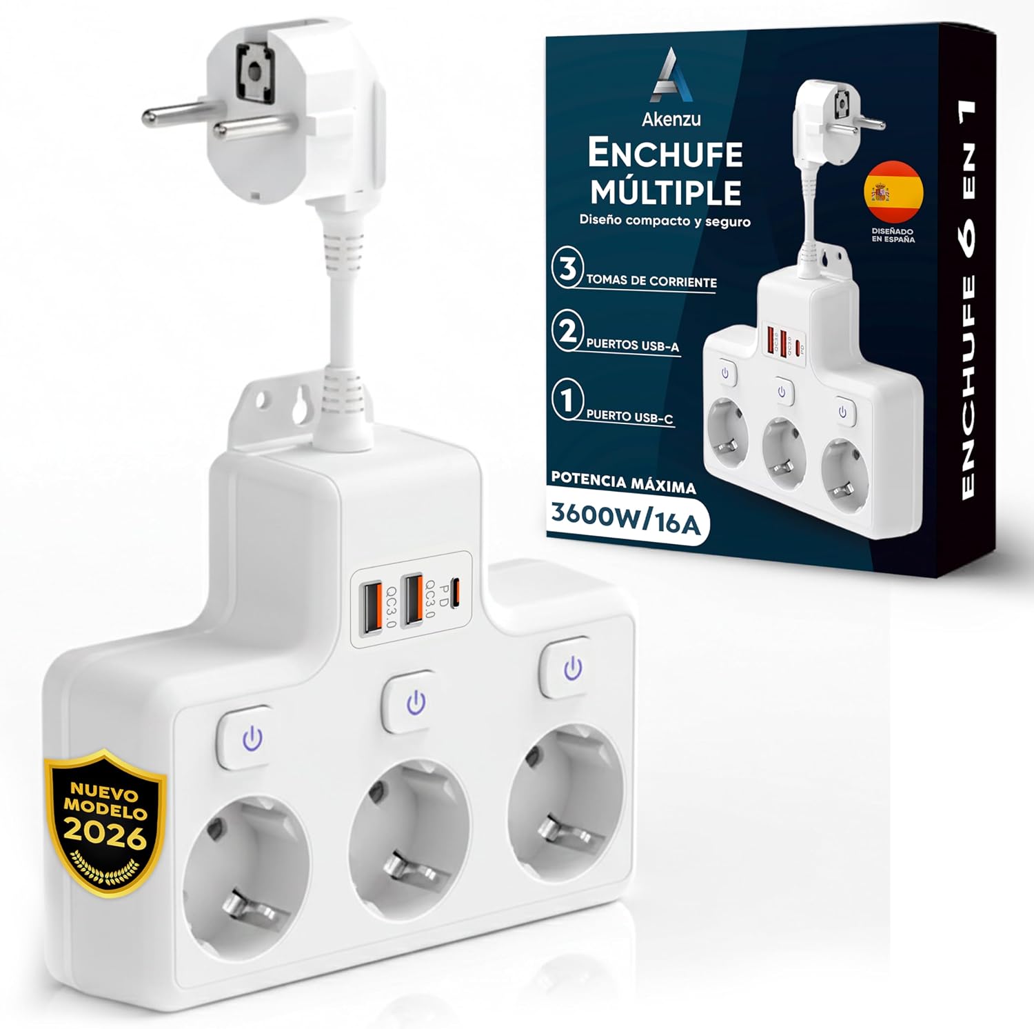 AKENZU©—Regletas para Enchufes Modulares 6 en 1 | Enchufe Multiple | Regleta De Enchufes Proteccion Sobretension | Ladron para Enchufes Plano con USB/USB-C | Enchufe con Interruptor para Pared—Blanco
