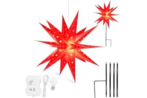 ‎QIJIEDA Qijieda 3D Weihnachtsstern Beleuchtet Außen Batterie mit Timer - 58cm led Weihnachtsstern für Fenster, Adventsstern Stern Zum Dekorieren von Innenhof, Balkon Und Garten (Red)