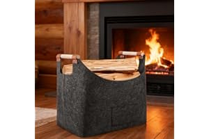 GÉNÉRIQUE Panier à Bûches XL en Feutre Épais & Cuir – Panier à Bois de Chauffage Pliable, Rangement Bois Intérieur, Corbeille de Rangement pour Courses, Journaux, Décoration Cheminée (60 * 40 * 40cm)