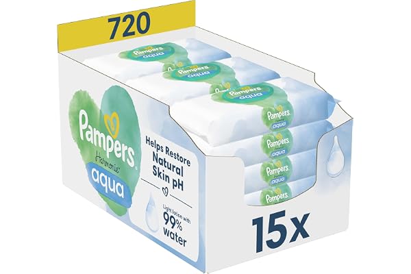 Pampers Harmonie Aqua, 720 Lingettes pour Bébé (15x48), Sans Platisque, Certifié OEKO-TEX, Protection De La Peau Délicate Avec 99% D’Eau, Aide à restaurer le pH naturel de la peau