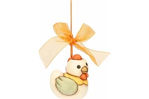 THUN, Addobbo Gallina Ester in Ceramica Decorata a Mano con Nastro, Linea Sorprese di Pasqua, 4.2 x 4 x 5.2 cm h