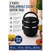 Sas Haus 2 Katlı 1.2 Litre Paslanmaz &Ccedil;elik Sefer Tası Sızdırmaz Kapaklı Yemek Taşıma Kabı Bento Lunch Box 304, Siyah