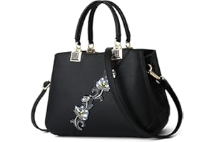 VARLIVOO Bolso Mujer Elegante Bolso de Mano con Bordado Floral PU Piel Bolsa Bandolera Marca para Trabajo Viajes Compras Fiesta Negro