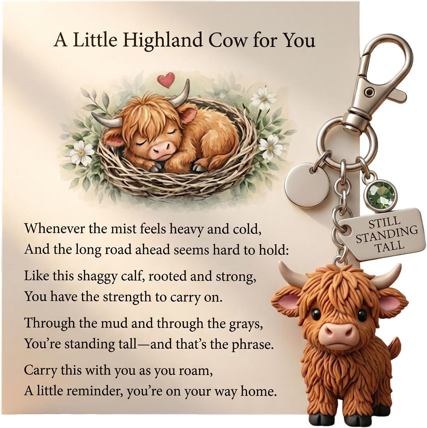 A Little Highland Cow For You Keychain: Your Daily Reminder of Quiet Strength, Cute 3D Resin Tiny Cow Keychainwith Birthstone & Sentiment Card for Women, Friends Family