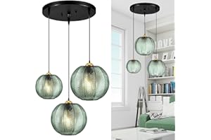 GCQ 3 en 1 Grand Lustre en Verre Vert Médiéval Moderne - Abat-Jour Côtelé Soufflé Globe E26 E27 - Suspension Pour Salon, Restaurant, Bar