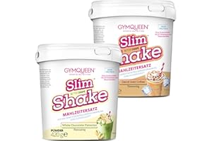‎GYMQUEEN GymQueen Slim Shake 2x420g, Weiße Schokolade & Pistazie + Iced Coffee, Leckerer Diät-Shake zum einfachen Abnehmen, Mahlzeitersatz mit wichtigen Vitaminen und Nährstoffen