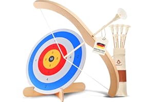 BOWRILLA® Arc et flèches en bois pour enfants avec 6 flèches à ventouse, cible en bois et carquois | Jouet de tir à l'arc ambidextre pour enfants à partir de 3 ans