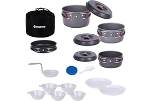 KingCamp Zestaw naczyń kempingowych do gotowania zastawa stołowa stal nierdzewna zestaw bałagan garnek patelnia talerz miska łyżka widelec nóż karabinki podróż przybory do gotowania na zewnątrz trekking piesze wycieczki piknik