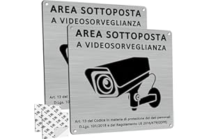 DADAPANGHU Cartello Area Videosorvegliata Alluminio, 2 Pezzi Cartello Videosorveglianza con Avviso GDPR, 15x15cm, Alluminio Spazzolato, Fori Preforati, con Adesivo 3M, per Casa e Negozio, Interno ed Esterno