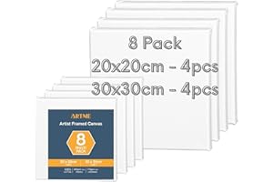 ARTME Toile à Peindre pré-étirée 8pcs (20x20CM- 4pk, 30x30CM- 4pk) - Toile carrée encadrée d'artiste/ 280GSM/ 100% coton/triple apprêt/sans acide/grain moyen / 1.7cm - acrylique/huile