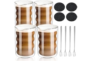 GARPROVM Bicchieri Latte Macchiato, 350ml doppia parete 4 Pezzi, bicchieri da caffè a spirale, tazzine da caffè espresso cappuccino tè, bicchieri in vetro termico, 4 cucchiai + 4 sottobicchieri