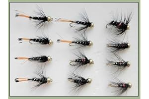 TROUTFLIES GOLDHEAD NYMPHS Gold Head Trout Flies, 12 Pack Goldhead Bibio & Black Pennell, Mixed 10/12