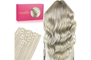 WENNALIFE Extension à Clip Sans Couture, 35cm 7pcs 130g Blond Cendré Blond Platine Surligné Extension a Clip Cheveux Naturel Extension Cheveux Naturel Clip Remy Extensions Cheveux Naturels à Clips
