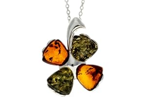 SILVERAMBER JEWELLERY UK Uroczy wisiorek ze srebra wysokiej próby 925 i prawdziwy bałtycki bursztyn szczęśliwa koniczyna - łańcuszek nie jest dołączony - GL283