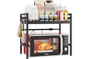 Mointal Soporte Ajustable para Microondas, Estante Expandible para Microondas de Cocina 2 Niveles, Soporte Acero al Carbono para Microondas, Organizador para Mostrador de Cocina con 8 Ganchos, Negro