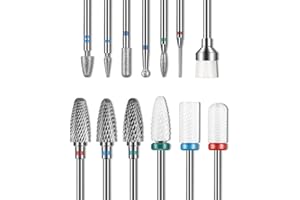 Depvko Juego de 13 brocas para uñas, 3 brocas de carburo de tungsteno + 3 brocas de cerámica para uñas + 6 brocas de diamante + 1 cepillo, brocas de uñas de 3/32 pulgadas para taladro de uñas
