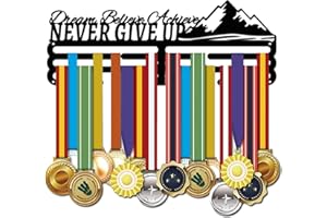 SUPERDANT Porte-Médaille de Compétition en Fer Motif de Course à Pied Médailles Cadre D'Affichage Mot Motivant Never Give UP Crochet en de Compétition Affichage Tenture Murale 40x15 cm