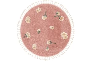 ‎RUGVISTA RugVista Linnea, Kinderteppich, Shaggy/Handloom, Ø 100 cm, Rund, Niedriger Stapel, Wohnzimmer, Kinderzimmer, Schlafzimmer, Diele, Nur chemische Reinigung, Ohne gefährliche Chemikalien, Rosa