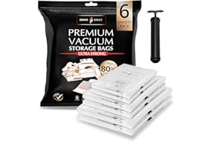 GENIE SPACE Sacs de Rangement Sous Vide Premium pour Vêtements, Linge et Voyage, Pack Variété 6 (2 XL + 2 L + 2 M), Hermétiques, Réutilisables et Anti-Odeur, Gain de Place, Lot avec Pompe de Voyage
