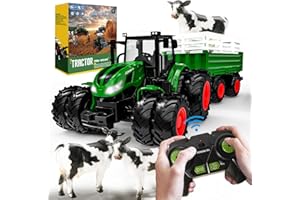 PENGBU RC Ferngesteuerter Traktor Ferngesteuert, Traktor mit Fernbedienung, Ferngesteuerter trecker ferngesteuert ab 3 Jahre, RC Traktor mit Anhänger, Licht und Kuh, Weihnachten Geschenk für Kinder