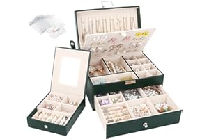 CASIWAFT Jewellery Box Organiser 2 Layers, Large PU Leather Jewelry Storage Case with Portable Travel Jewellery Case, Jewellery Organiser Holder for Rings Earrings Bracelets Necklaces, Dark Green