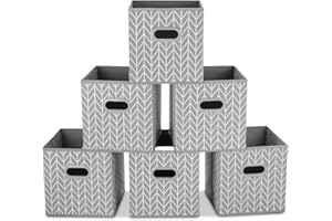 MaidMAX Boîtes de Rangement Ouvertes, Tiroir en Tissu,Cubes de Rangement en Tissu, Pliable Organisateurs conteneurs, Boîtes Tiroirs avec Poignée en Plastique, Gris, Pack de 6, 26,6 x 26,6 x 27,9 cm