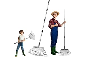 CJYMMFAN Râteau de Jardin à 25 Dents pour Nettoyage des Feuilles, Long Manche Réglable, Large Tête Râteau en Métal, Design Ergonomique, Nettoyage Efficace du Jardin, Feuilles, Cour, Terre, Mauvaises Herbes