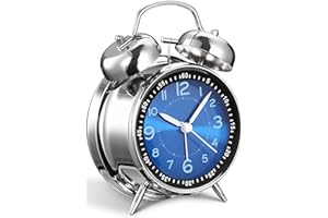 YsyYey - Sveglia vintage a doppia campana per dormiglioni, finitura metallica blu gioiello, silenziosa, senza ticchettio, funzionamento a batteria, decorazione retrò per camera da letto