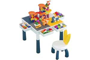 Sinbide Table de Construction Multifonctionnel pour Enfant avec Chaise pour Bébé, Hauteur Réglable, Plateau Double Face, Table de Jeu et d'Études (avec 300 Blocs de Construction)