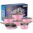 SHOPPING VIBES 12-Pcs Stainless-Steel Non-Stick Cookware Set – Cooking Pots & Pans for Gourmet Meals – Durable, Easy-to-Clean Kitchen Set That Turns Every Dish into a Masterpiece! (Soft Pink)