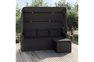 Yolola Gartensofa mit Dach und Fußhocker Gartensofa 3 Sitzer Rattan Sofa Balkonmöbel Lounge Sofa Outdoor Balkonsofa Sonnenliege Gartenmöbel Sonneninsel Lounge Gartenbank Gartenbett Schwarz