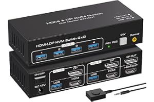 VPFET 4K120Hz HDMI Displayport KVM Switch 2 pc 2 Monitor 8K60Hz Switch KVM a doppio Monitor per 2 pc che Condividono 2 Monitor e 4USB 3.0 che Supportano la Modalità copia ed Estensione