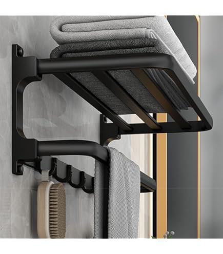 Frekibaz Handdoekhouder zwart mat, aluminium handdoekstang zonder boren, handdoekhouder, wandmontage, gastenhanddoekhouder met 2 haken, handdoekhouder voor badkamer, keuken, toilet, 60 cm (3 lagen