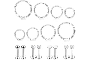 JeweBella 16PCS 16G Tragus Piercing Helix Acero Quirúrgico Mujeres Pendientes de Aro 6/8/10MM Piercing Nariz Helix Septum Hoop Couch Daith Piercing Labios Tragus Piercing Set de Joyas Plata/Oro