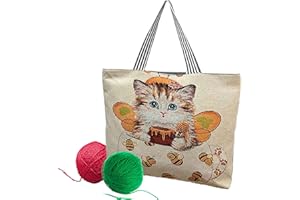 SETOFI Knitting Tote Bag, Large Knitting Bag Knitting Needle Bag with Zipper Cute Cat Pattern Crochet Bag for Yarn Knitting Needles Crochet Hooks (Type H)