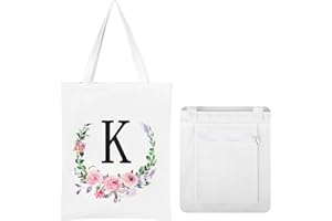 JNSMFC Floral Initial Canvas Tote Bag for Women,Personalized Letter Aesthetic Tote Bag with Zipper and Pocket