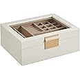 SONGMICS Jewellery Box with Glass Lid, 2-Layer Jewellery Organiser with Removable Tray, Jewellery Storage, Modern Style, Gift for Loved Ones, Cloud White and Metallic Gold JBC238W01