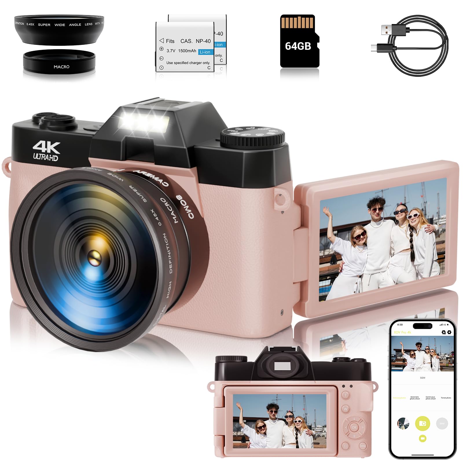 SMARTKLIK Vlogging Camera, 4K 48MP Digital Camera for Photography, 16X Digital Zoom, Vlogging Camera for YouTube with180 Degree Flip Screen, Wide Angle Lens, 2 Batteries and 64GB Micro SD Card (Pink)